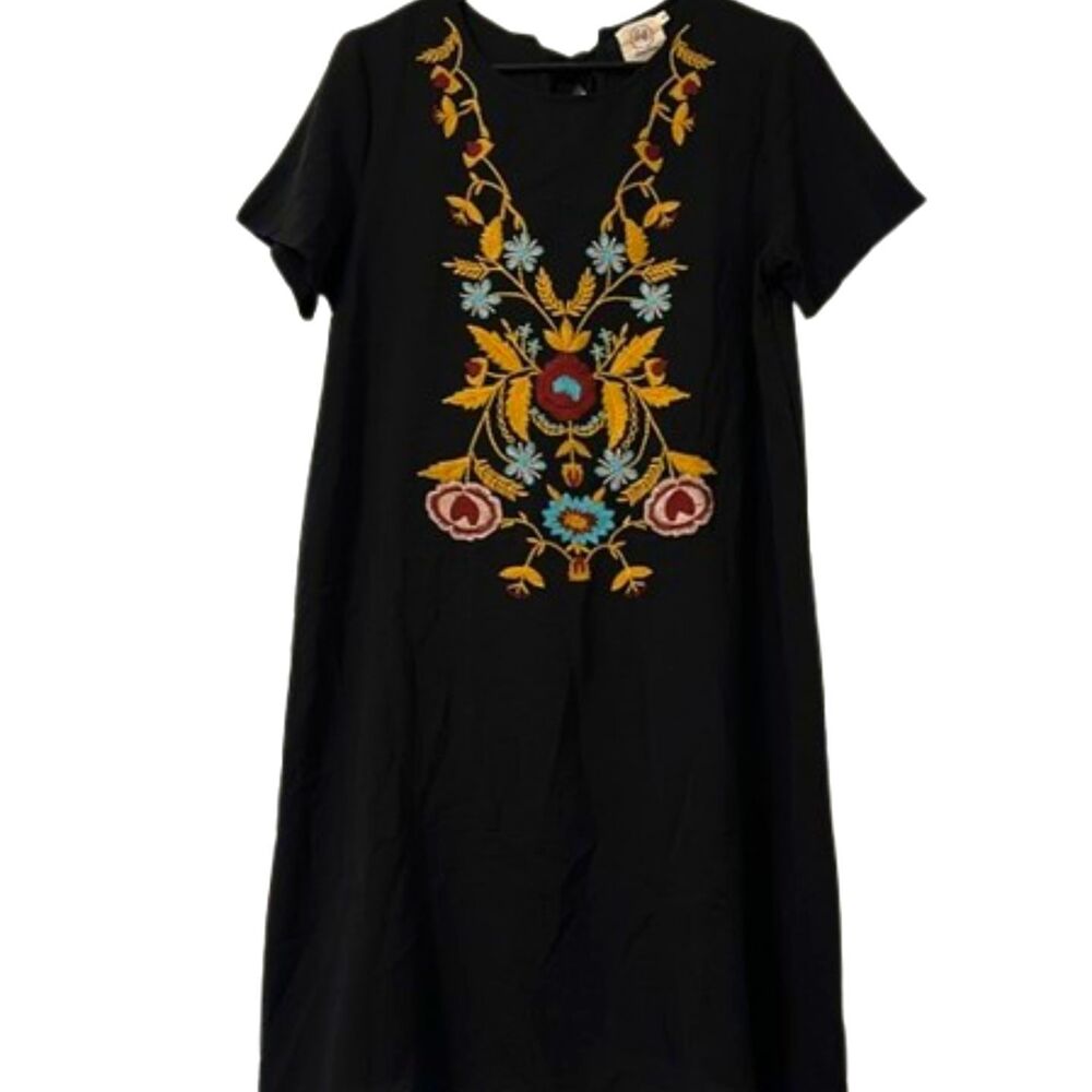 Grace & Emma Embordered Floral Midi Dress Gauzy Medium Boho Festival Black